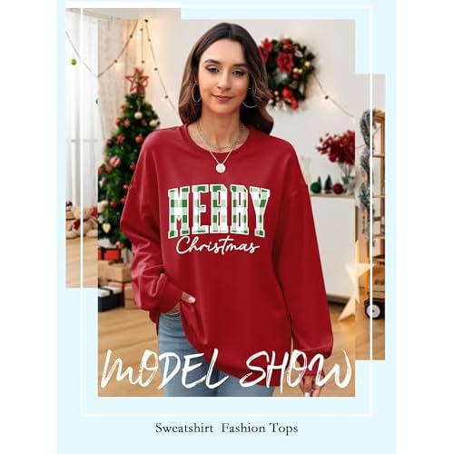 OUNAR Christmas Shirts For Women Merry Christmas Graphic Sweatshirt Christmas Crewneck Long Sleeve Xmas Holiday Pullover Tops