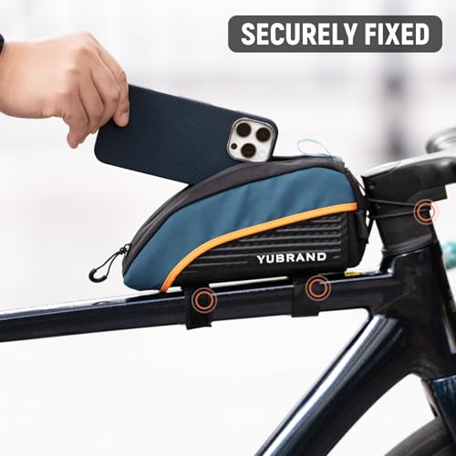 YUBRAND Removable Bike Frame Bag, Top Tube Bike Bag, Compatible With IPhone 16/15/14Pro and Phones Up To 6.9'', Waterproof, 1L, Blue, Geometric Pattern, 8.66 x 4.3 x 3.9 inches