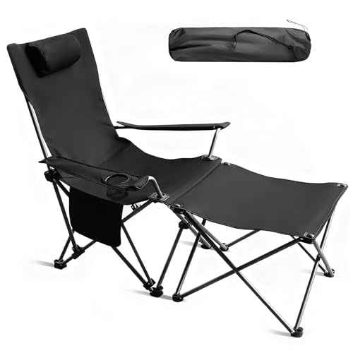 Portable Camping Chair with Footrest Folding Lounge Chair, Reclining Chair for Outside with Cup Holder, Side Pocket and Pillow, Heavy Duty Collapsible Chair for Sports,Outdoors & Lawns
