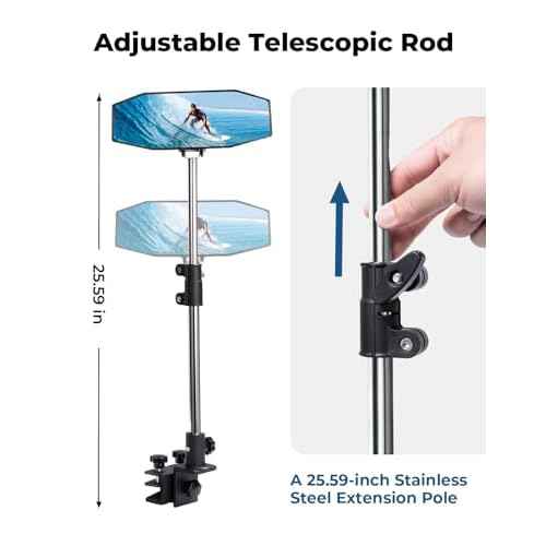 KEMIMOTO Pontoon Boat Mirror Rear View with Telescoping Pole, 10.5¡° x 4¡± Extra Large 360¡Æ Adjustable Marine Mirror for Pontoon Rail or Bimini Top, Ski Boats Water Skiing, Pontoon Boat Accessories