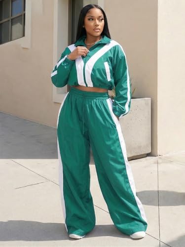 Women’s Track Suit Set Small Green Windbreaker Crop Jacket Wide Leg Pants