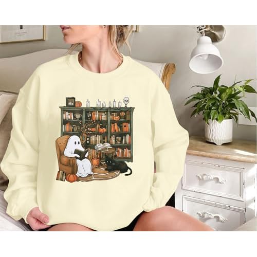KIDDAD Halloween Sweatshirt for Women Ghosts Reading Books Graphic Long Sleeve Sweater Cute Spooky Bookish Shirts