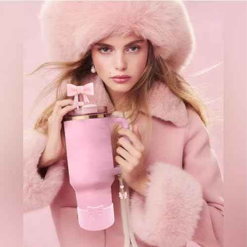Cup Accessories Set for Stanley,Including 2Pcs Cute Glitter Bow Straw Cover Caps 10mm Reusable Straw Toppers,1Pcs Silicone Boot Sleeve and 1Pcs Handle Charm for Stanley Tumbler 30&40oz,Glitter Pink