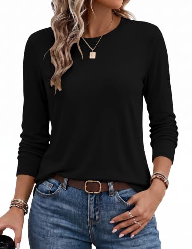 Ekouaer Women's Long Sleeve Crew Neck Shirt - Fall Basic Top, Large Black