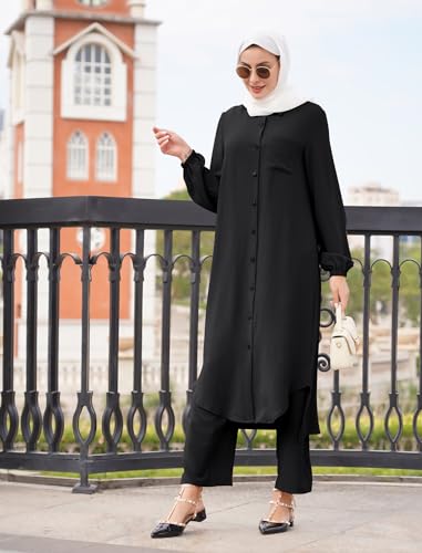 XX-Large Women's Muslim Abaya 2-Piece Set Long Sleeve Shirt & Pants Black Dubai Outfit