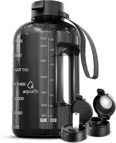 AQUAFIT Half Gallon Water Bottle with Motivational Quotes, Gray, 64 oz