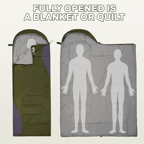 1-Person Lightweight Double Sleeping Bag with Pillows for Camping - Green