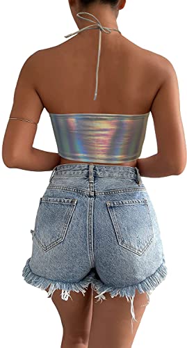 Festival Rave Crop Top for Women - Multicolored Silver, Large