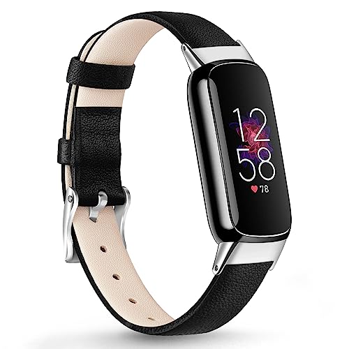 Vancle Leather Watch Band Compatible with Fitbit Luxe - Black, Adjustable Replacement Strap for Women & Men