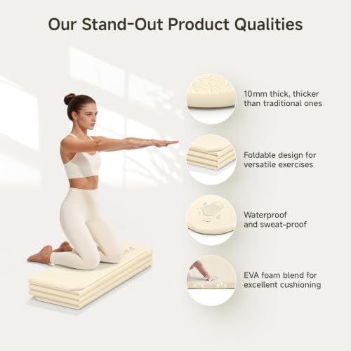 Foldable Yoga Mat 10mm Thick Non-Slip Exercise Mat - Beige 75x26 Inches