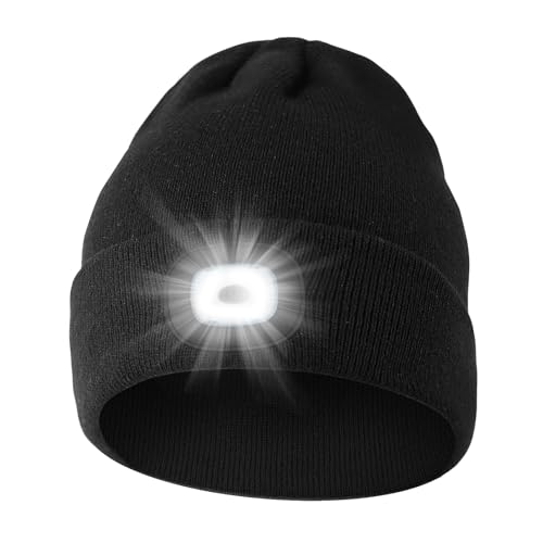 Unisex Beanie Hat with LED Light, USB Rechargeable Headlamp Caps, Windproof Warm Knit hat for Adults, 3 Brightness Modes for Fishing, Camping, Hiking Black