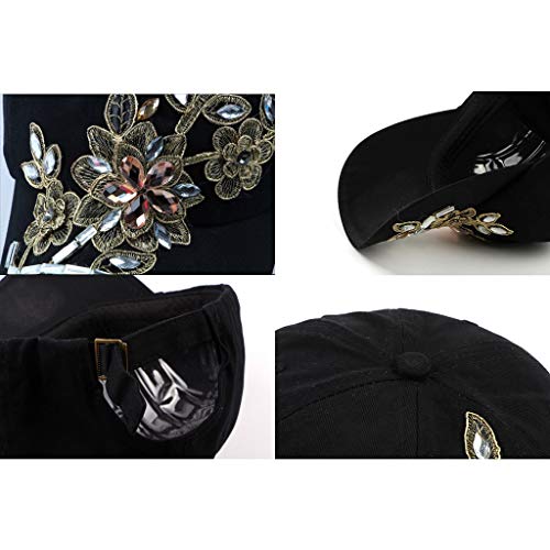 Women’s Rhinestone Baseball Cap Sun Hat with Flower Embellishments - Adjustable Denim, Black, 6 3/4-7 1/2