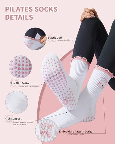 Yawlsow Cute Ruffle Pilates Grip Socks - Non Slip Crew Socks for Women, 2 Pack Pink & Brown - One Size