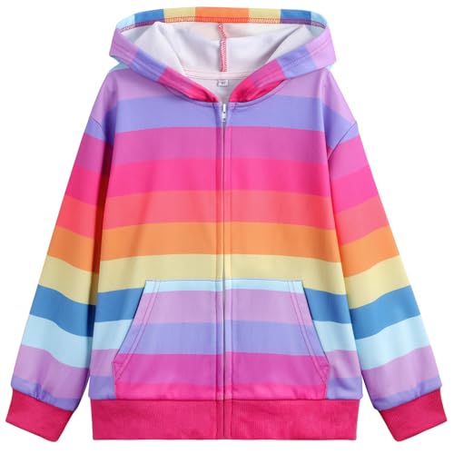 Kids Rainbow Unicorn Zip Up Hoodie with Pockets - 6-7 Years Rainbow Stripe