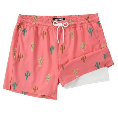 Men's Swim Trunks with Compression Liner 5 Inch Inseam - Pink Colorful Cactus, Medium