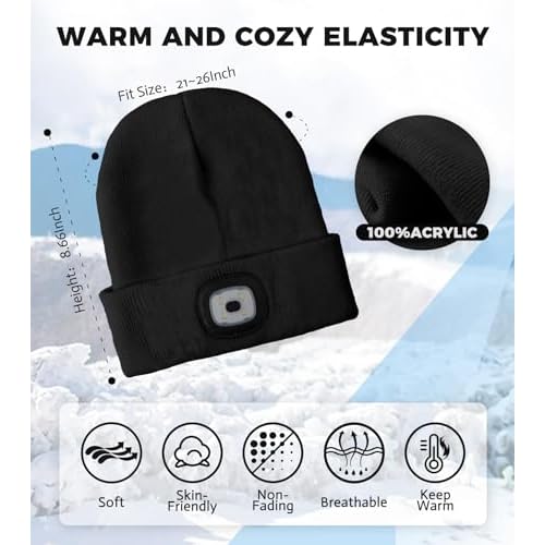 Unisex LED Beanie with Light, Rechargeable Headlamp Hat, Fathers Day Dad Gifts for Men, Warm Knitted Cap Birthday Gifts for Dad Adults Teens Men Women Him