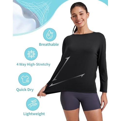 Pioneer Camp Women's Bamboo Viscose Long Sleeve Workout Shirts Back Loose Fit Boat Neck Yoga Athletic T-Shirts Casual Tops