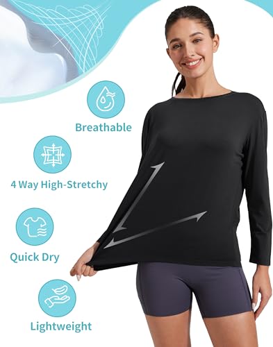 Women's Bamboo Viscose Long Sleeve Workout Shirt - Black, Large, Loose Fit Yoga Top
