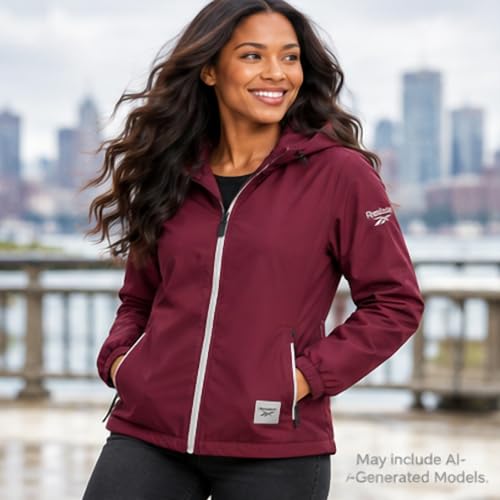 Reebok Women's Waterproof Rain Jacket with Hood - Lightweight Windbreaker, Medium / Maroon