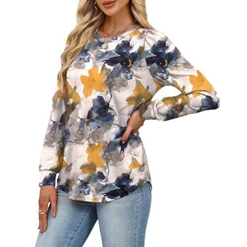 Alaroo Womens Long Sleeve Shirts 2025 Fall Tunic Tops Crewneck Blouses Print