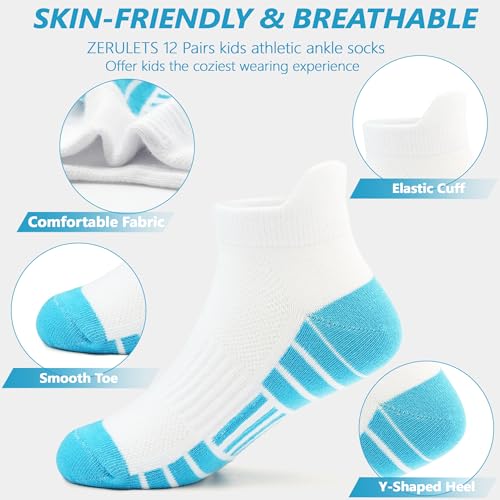 Kids Socks 12 Pairs Toddler Ankle Athletic Socks with Tab - 10-14 Years Multicolored