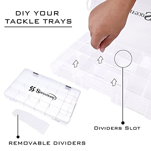Sougayilang 3700 Fishing Tackle Trays - 14x8.7x1.8 Inch Plastic Storage Organizer with Removable Dividers - 2 Pack