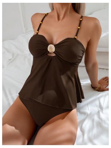 Y2K Women's High Waisted Tankini Bathing Suit Two Piece - Medium Coffee Brown