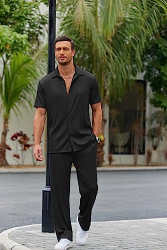 Men's Casual Short Sleeve Button-Down Shirt & Loose Pants Set - Black, Large