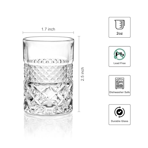 Crystal Heavy Base 2oz Square Shot Glasses Set for Liquor & Spirits - 6 Pack