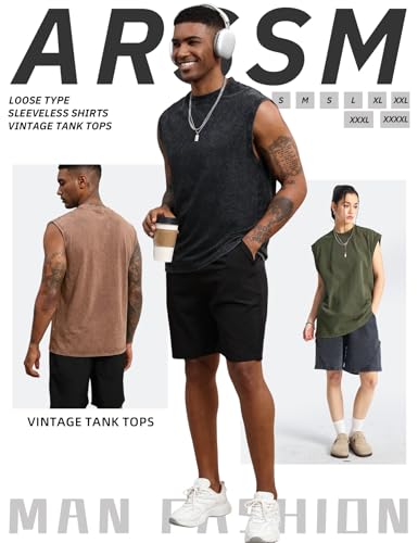 Arssm Sleeveless Cotton Tank Tops for Men - Acid Wash Muscle Workout & Running, Large / Black & Khaki & Army
