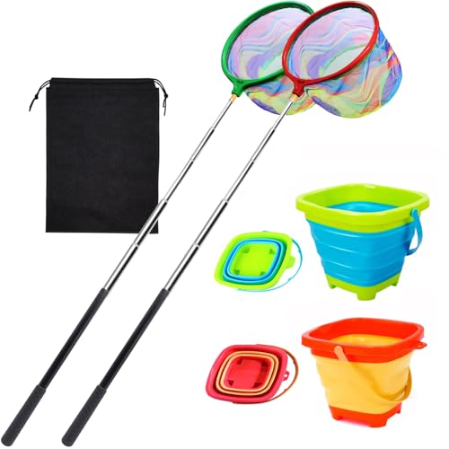 2PCS Collapsible Fishing Nets with Buckets - Telescopic Youth Fish Catching Set - Orange & Green