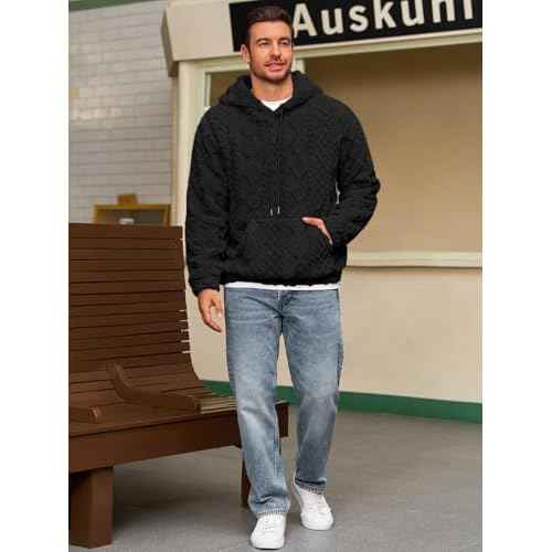 Runcati Mens Fuzzy Sherpa Hoodie Pullover Sweatshirts Long Sleeve Front Pocket Fall Winter Hooded Textured Outwear