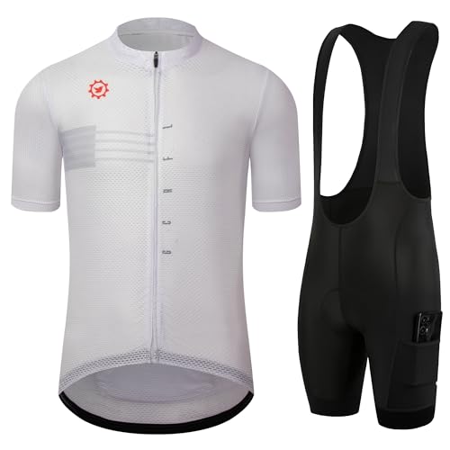 Men's Cycling Jersey Sets Road Bike Jersey & Bib Shorts Lightweight Padded - White, Large