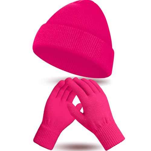 Winter Beanie Hat Gloves Set, Soft Knitted Hat Stretchy Gloves Warm Skull Cap Set for Women Men Gifts