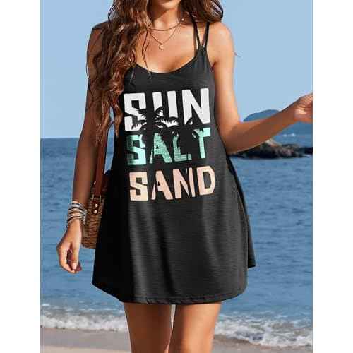 AI'MAGE Womens Spaghetti Strap Cover Up Sleeveless Bathing Suit Coverups Backless T Shirt Beach Dress