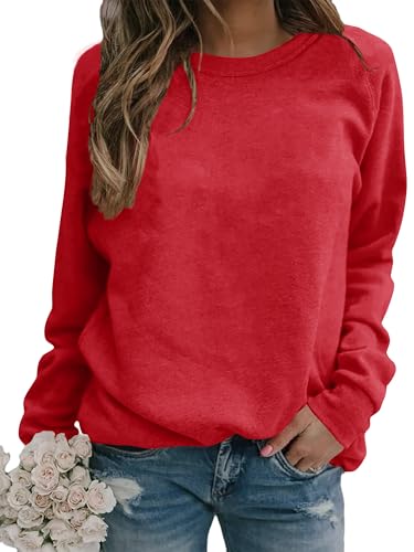 Women's Crewneck Sweatshirt with Raglan Sleeves - Red, Medium - Relaxed Fit Pullover Top