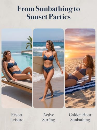 High Waisted Bikini Set for Women - U Wire Ruching Two-Piece Swimsuit - Large/Navy Blue