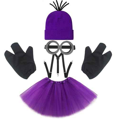 TANTAKO 5Pcs Purple Costume Accessories Set with Goggles Purple Beanie Tutu Suspenders and Three Fingered Gloves. (With Hair)