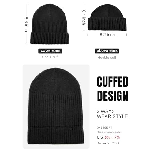 50% Wool Double Cuff Knit Beanie Hat for Men Women, Short Fisherman/Slouchy Warm Winter Skull Cap Trawler Watch Cap