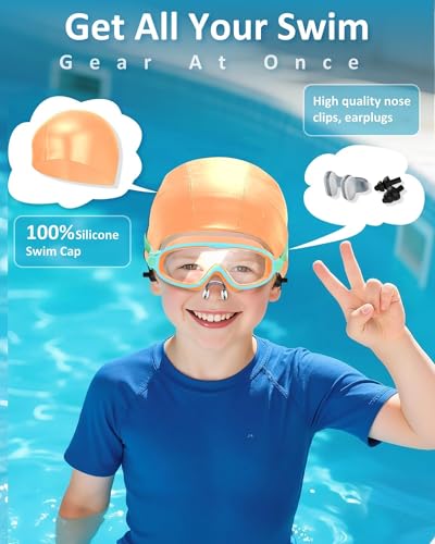 Kids Swim Goggles Anti-Fog UV Protection Wide View with Swim Cap - Yellow & Green