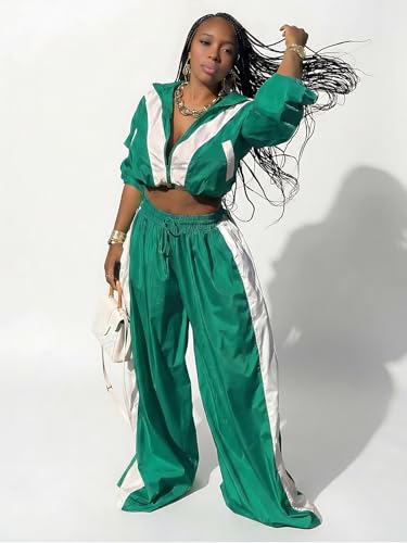 Women’s Track Suit Set Small Green Windbreaker Crop Jacket Wide Leg Pants