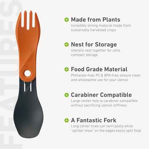 humangear GoBites Bio Spin - Compact Folding Spork for Travel, Camping & Everyday Carry - BPA-Free Bio-Based Utensil with Carabiner Hole, Dark Gray/Orange