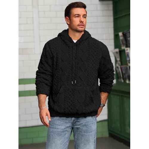 Runcati Mens Fuzzy Sherpa Hoodie Pullover Sweatshirts Long Sleeve Front Pocket Fall Winter Hooded Textured Outwear