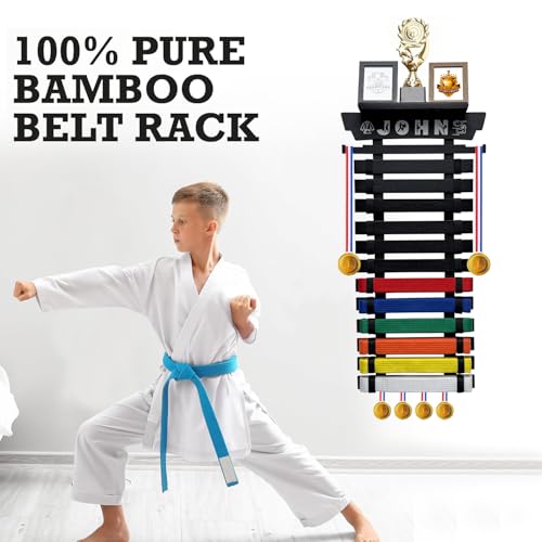 12 Belt Karate Belt Display Rack with Trophy Mount - Bamboo Martial Arts Organizer - Variation of THIS listing