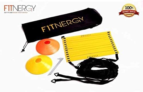 Speed and Agility Ladder Training Equipment Yellow 12 Rung Ladder Free Carrying Bag + 10 Speed Cones (5 Orange + 5 Yellow) + 4 Pegs & D-Rings Soccer Football