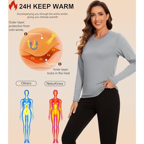 5 Pack Long Sleeve Thermal Shirts for Women Ultra Soft Fleece-Lined Crew Neck Workout Baselayer Tops