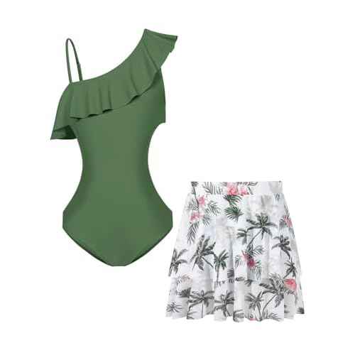 Haloumoning Girls One Piece Swimsuits with Mesh Skirt Ruffle One Shoulder Cut Out Bathing Suit Swimwear 5-14Y