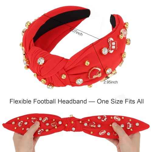 Football Headband Red Top Knot Beaded Jeweled Cute Headbands Football Mom Accessories Essentials Red