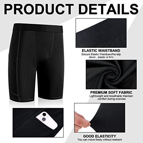 Kids Compression Shorts with Pockets - Large Black White Gray 3 Pack
