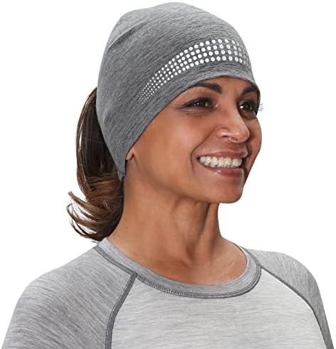 TrailHeads Ponytail Hat - Adrenaline Series | Women’s Running Beanie with Reflective Accents | Black Skull Cap
